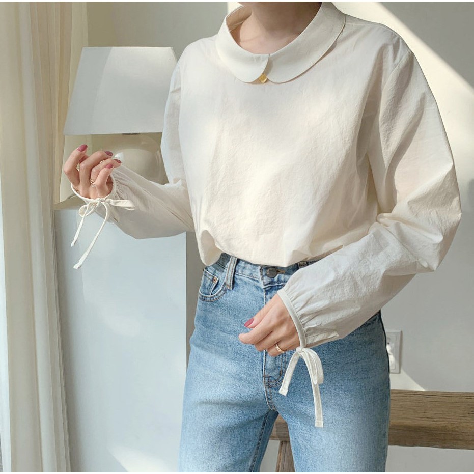 32523 Bộ Áo Sơ Mi Dài Tay Cổ Búp Bê + Đầm Yếm Trơn Màu Xinh Xắn Dành Cho Nữ