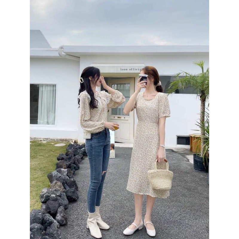 Đầm _ váy hoa nhí cổ ren tay ngắn kèm chun