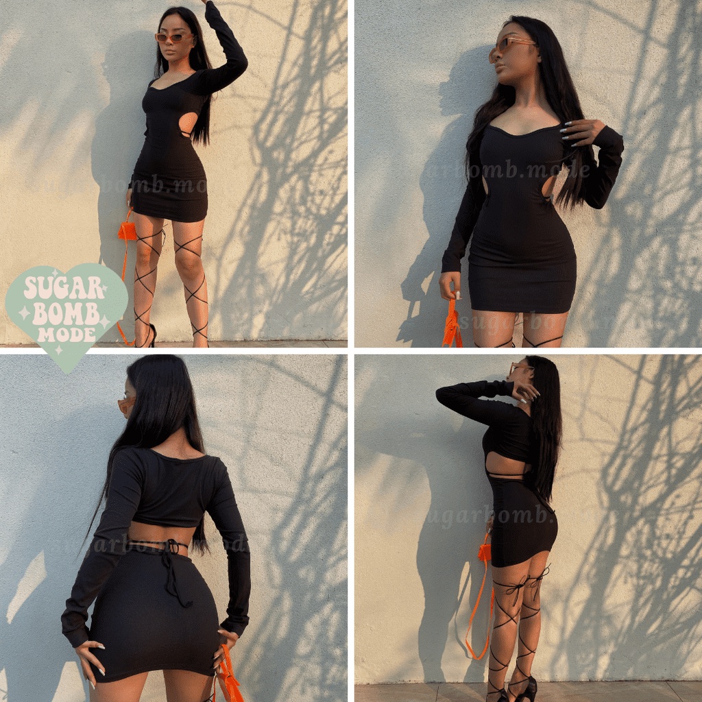 Đầm Body Hở Lưng Sexy Váy Ôm Sang Chảnh Cá Tính Khoét Lưng Cổ Tim Tay Dài Thun Co Giãn Tốt Đi Chơi Sugarbomb.mode