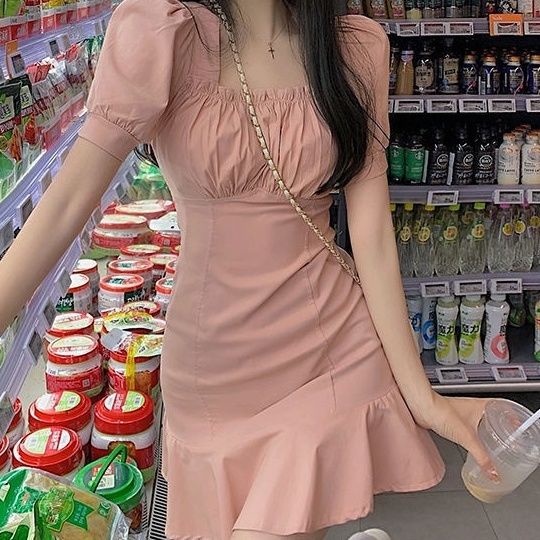 Đầm Chữ A Tay Phồng Cổ Vuông Lưng Cao Thời Trang Mùa Hè Dành Cho Nữ Plus