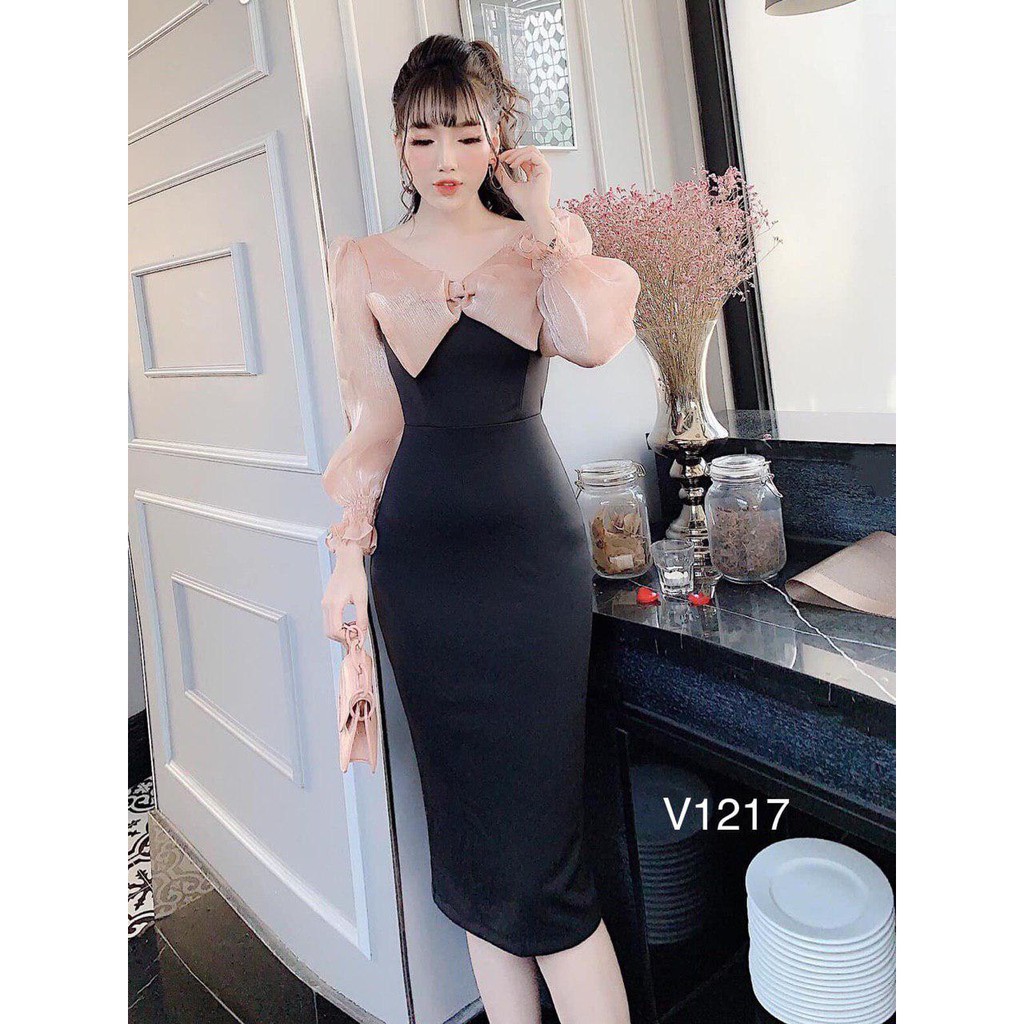 XƯỞNG SỈ Đầm dự tiệc quý cô dáng ôm phối tơ thiết kế V1217 Mydu Fashion kèm ảnh thật độc quyền