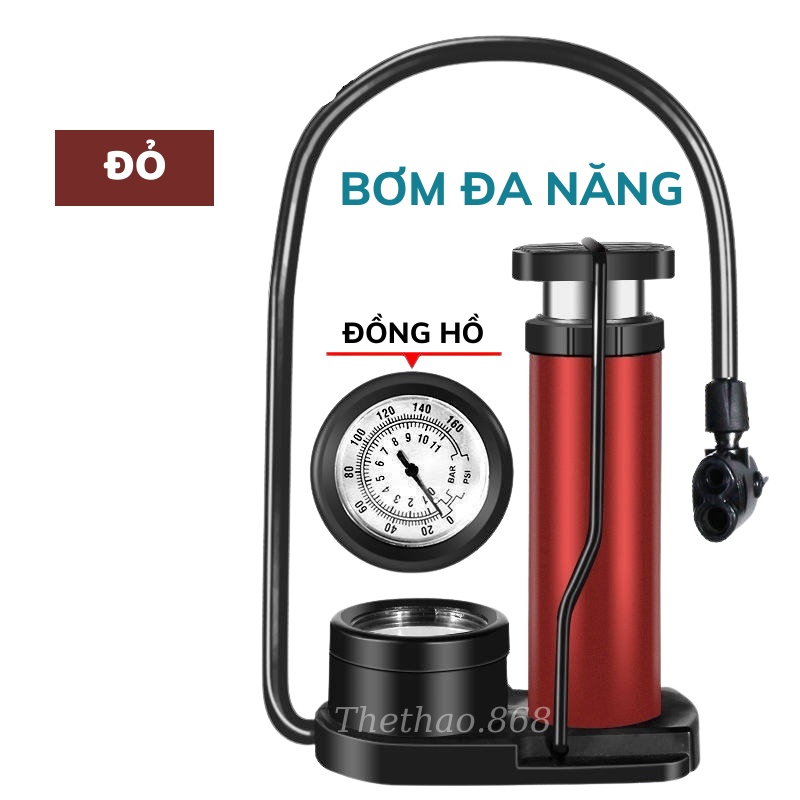 Bơm Xe Máy Đạp Chân 160PSI, Bơm Hơi Xe Đạp Ô Tô Khỏe Nhanh Đầy Hơi - Có Đồng Hồ Đo Áp Suất TẶNG KÈM 2 KIM BƠM