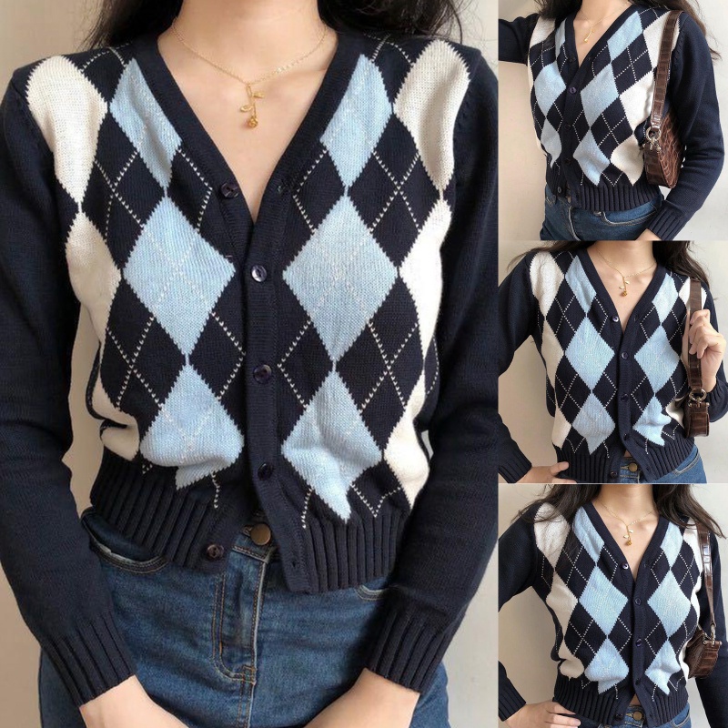 Áo Khoác Cardigan Dệt Kim Tay Dài Kẻ Sọc Ca Rô Cài Nút Kiểu Vintage Dễ Thương Cho Nữ