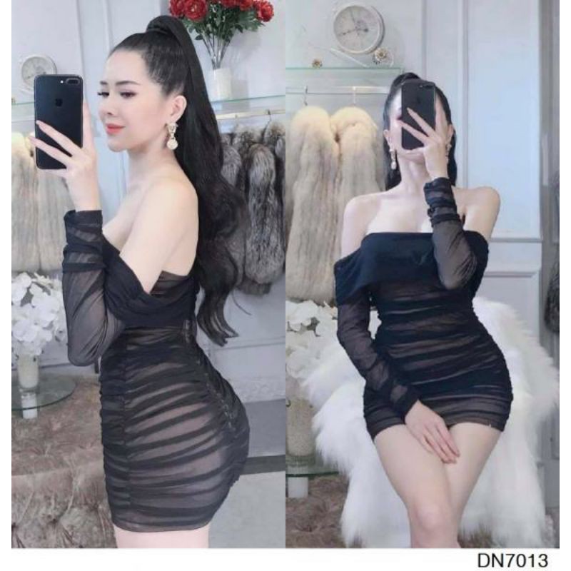 Đầm bẹt vai phối voan rút nhúng sexy