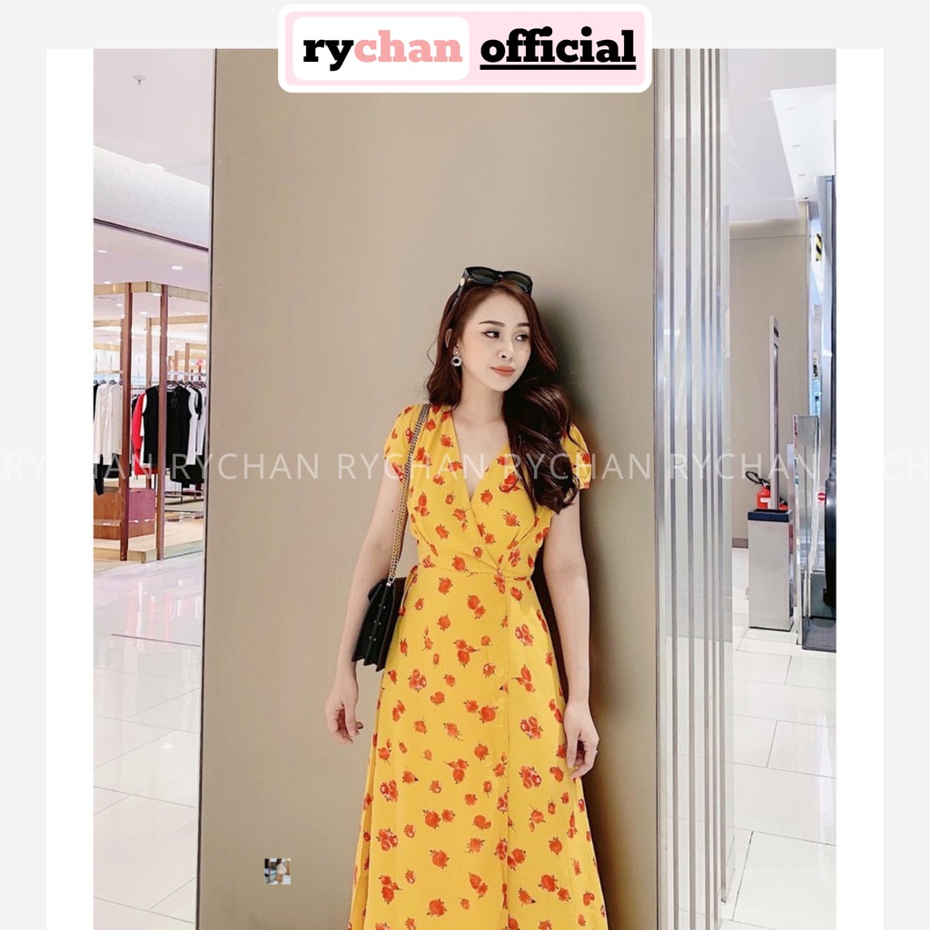 Đầm Đi Biển Maxi Vàng Đắp Chéo Hoa Đỏ Xẻ Tà - DM729