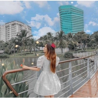 Đầm vintage, váy xoè, váy dự tiệc trắng cổ V đắp chéo (kèm hình thật)