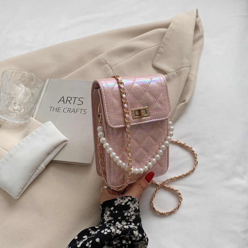 Túi đeo chéo JASMIN NOIR da PU hình vuông nhỏ kẻ sọc chần bông dây đeo ngọc trai thời trang cho nữ