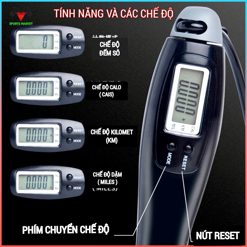 Dây Nhảy Đếm Sô Tự Động ,Dây Nhảy Tập Thể Dục Thể Thao Lõi Thép,Tích Hợp 4 Chỉ Số.