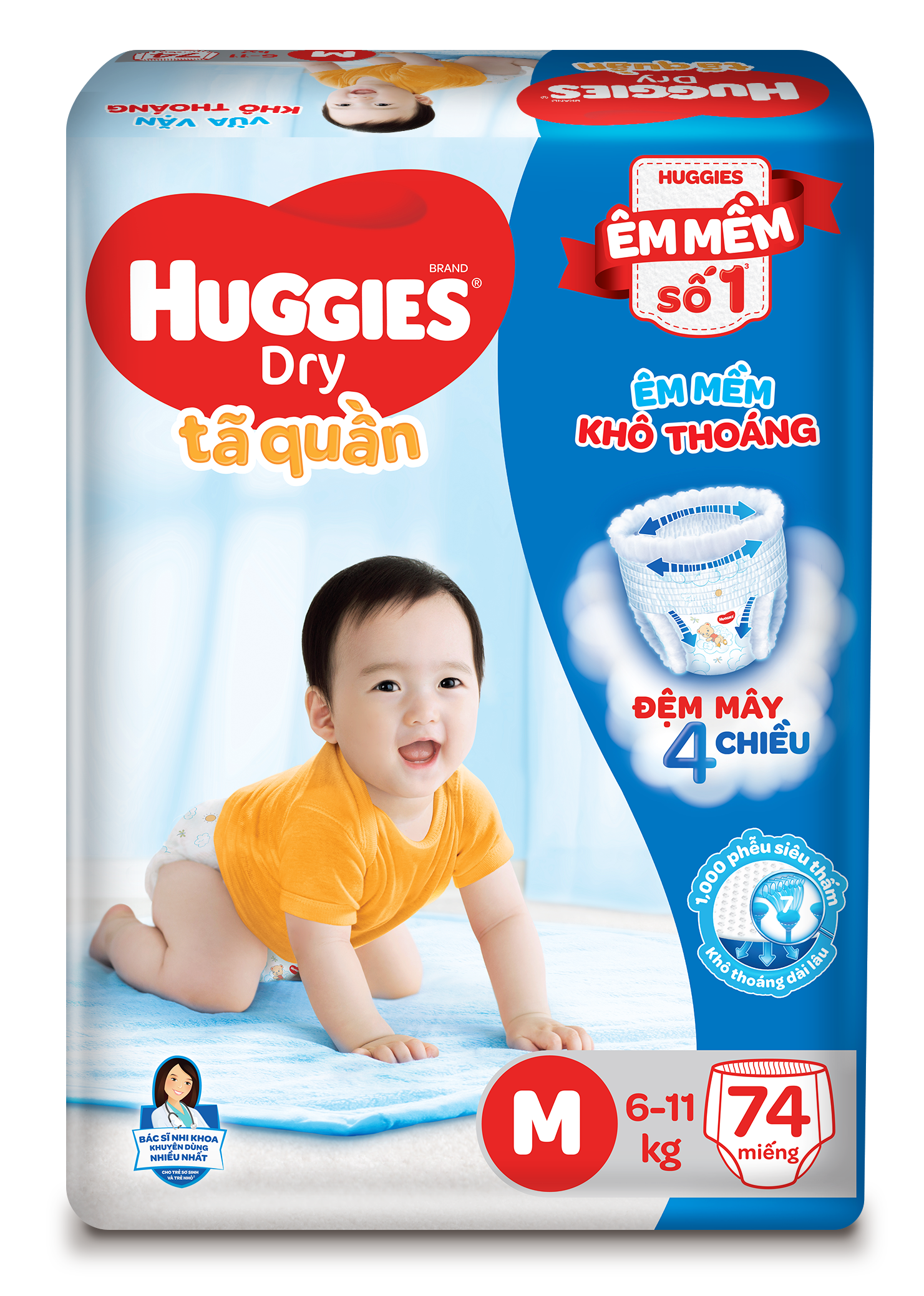 Combo 2 Tã quần Huggies Dry Super Jumbo M74/L68/XL62/XXL56