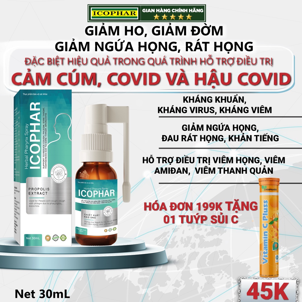 Xịt họng giảm ho Herbal Pharynx ICOPHAR - Chai 30mL - Giảm ho, giảm đờm, giảm đau rát họng, ngứa họng