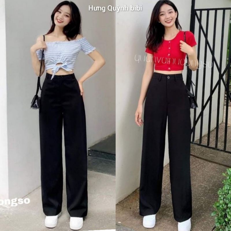 Quần tây ống rộng lưng cao cạp thời trang nữ học sinh đi học công sở dài đen form rộng-Vải chất tuyết mưa-phối áo sơ mi