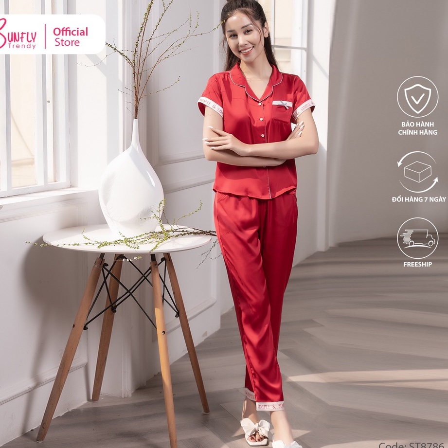 Bộ đồ mặc nhà nữ pijamas lụa SUNFLY áo cộc, quần dài ST8786