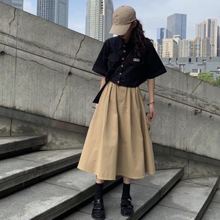 (ORDER) Chân váy xòe dài xếp ly cạp cao vải thô cotton style nữ sinh Hàn Quốc retro vintage