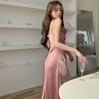 (Order) Đầm lụa cổ đổ 2 dây xẻ tà đi tiệc