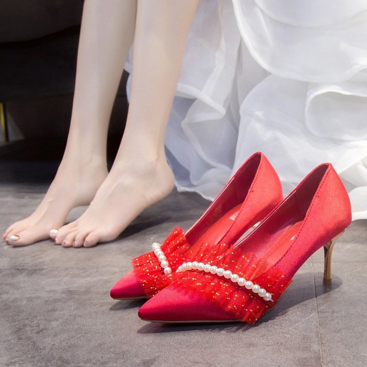 【Ready Stock】Wedding shoes woman 2021 new bridal shoe pointed toe pink stiletto high heels 7 cm