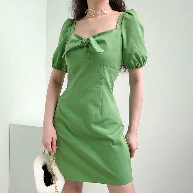 Đầm Tay Phồng Cổ Vuông Phối Nơ Xinh Xắn Theo Phong Cách Pháp | BigBuy360 - bigbuy360.vn