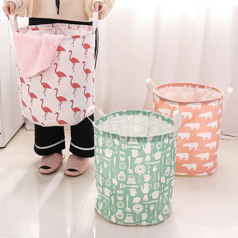 Sọt vải đựng đồ gấp gọn tiện dụng HOẠ TIẾT dễ thương hình trụ có tay cầm - Giỏ vải đựng đồ đa năng Vintage size lớn