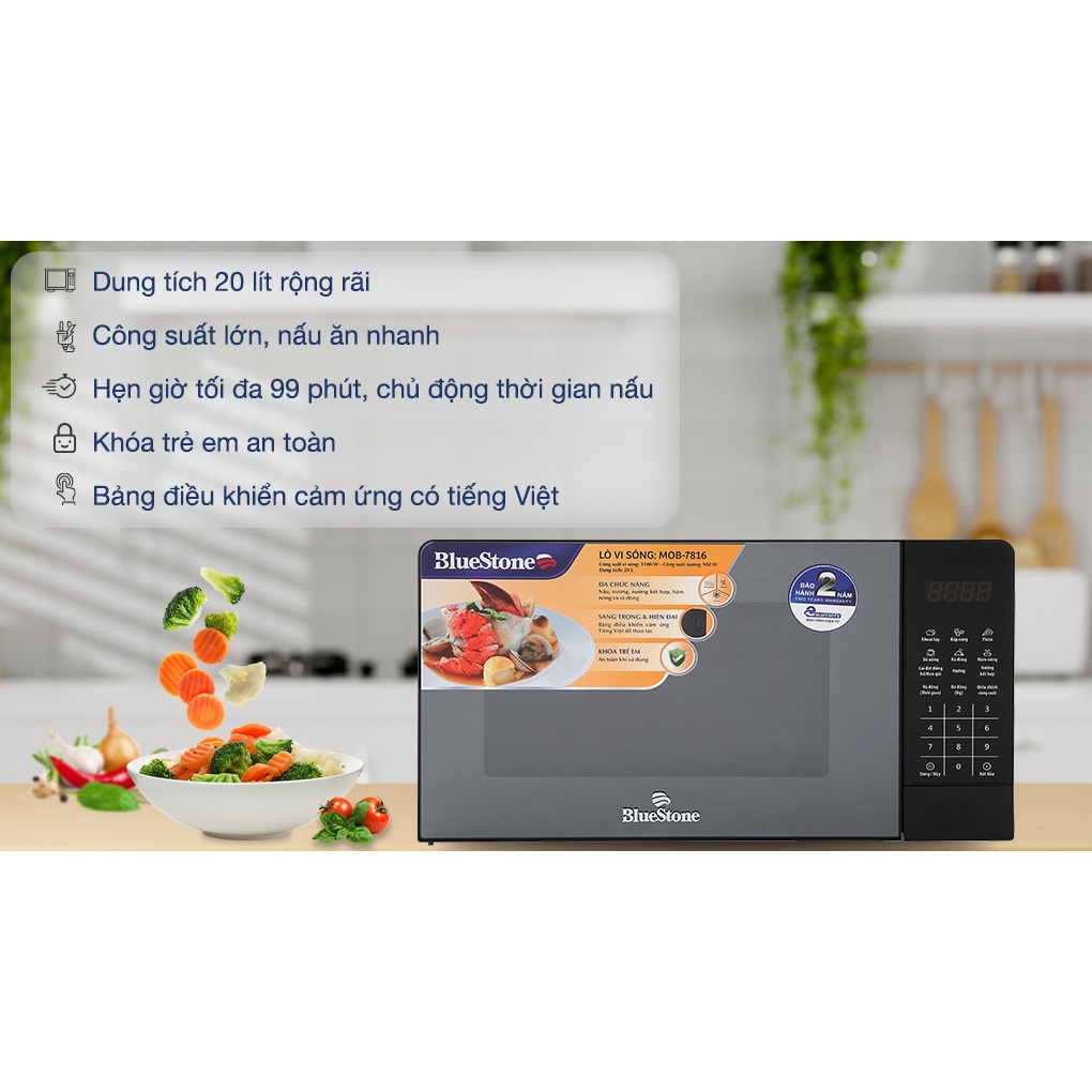 Lò vi sóng Bluestone MOB-7816, dung tích 20 lít, đa dạng chức năng nấu tiện lợi, bảo hành 24 tháng