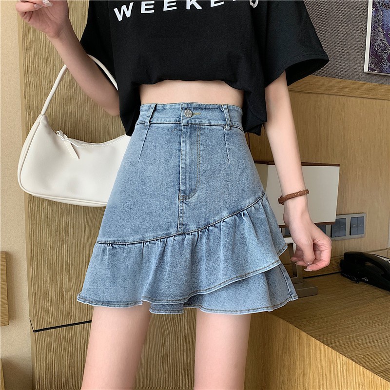 Chân Váy Bò Jeans Denim Lưng Cao Phối Đuôi Cá Bèo Nhún Phong Cách Cá Tính (Có ảnh thật) - Hàng nhập khẩu