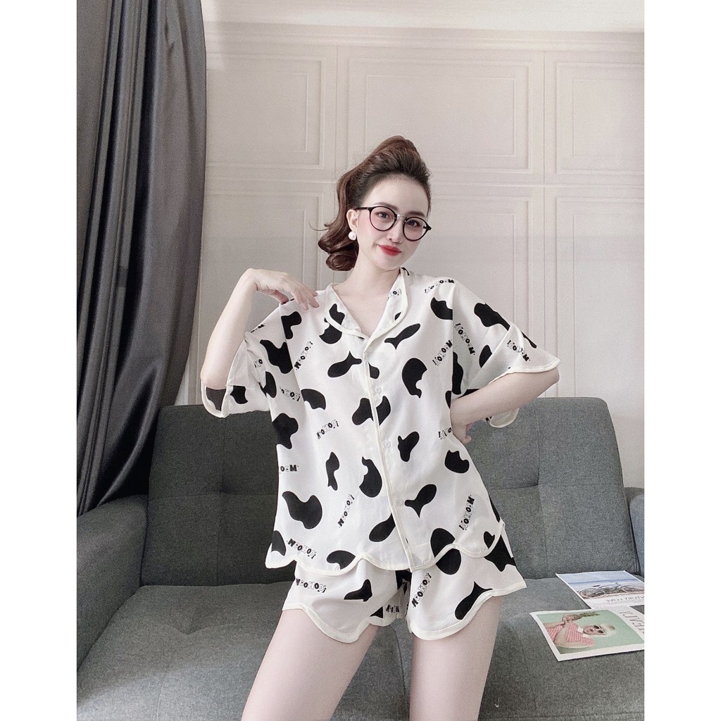 Bộ Pijama Bò Sữa🌸𝑭𝒓𝒆𝒆𝒔𝒉𝒊𝒑🌸 Đồ Nữ Mặc Nhà Áo Tay Ngắn Đùi Họa Tiết Bò Sữa Lụa Cao Cấp, Hàng Chuẩn Size < 70kg | BigBuy360 - bigbuy360.vn