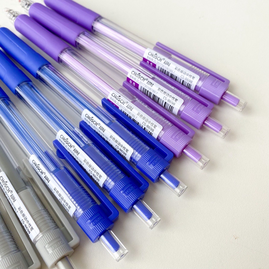 Hộp 12 cây bút gel bấm chosch 0.5mm cs8698 mực nước xanh, tím, đỏ, đen