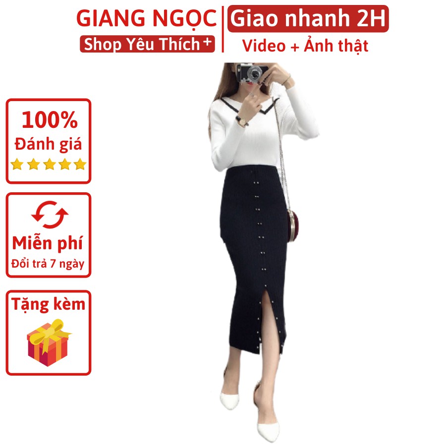 [Mã FADIRECT20 giảm 20k đơn từ 150k] Chân váy len midi dáng dài xẻ tà có cúc phía trước
