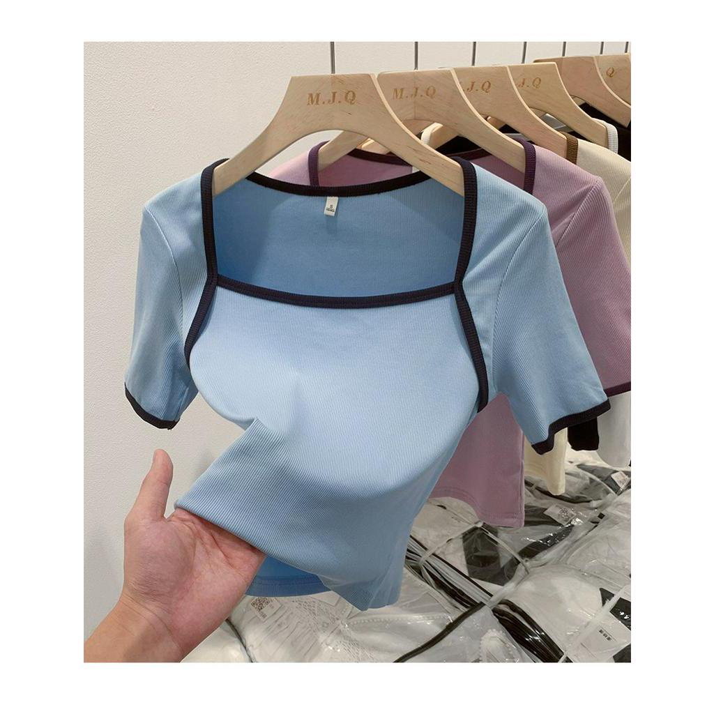 Áo Thun Cổ Vuông Ngắn Tay Thoải Mái Màu Sắc Tương Phản Thời Trang Cho Nữ 62310