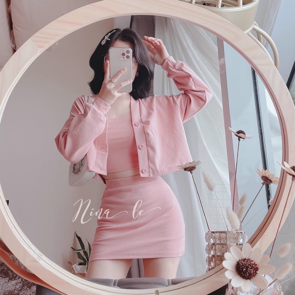 Set 3 món áo hai dây chân váy ôm mix khoác tay phồng cài 3 nút dễ thương