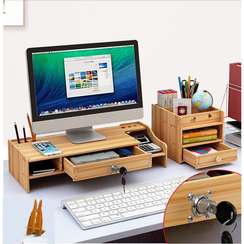 Kệ màn hình máy tính ngăn kéo to có ổ khóa - Tặng kèm giá đỡ điện thoại siêu cute