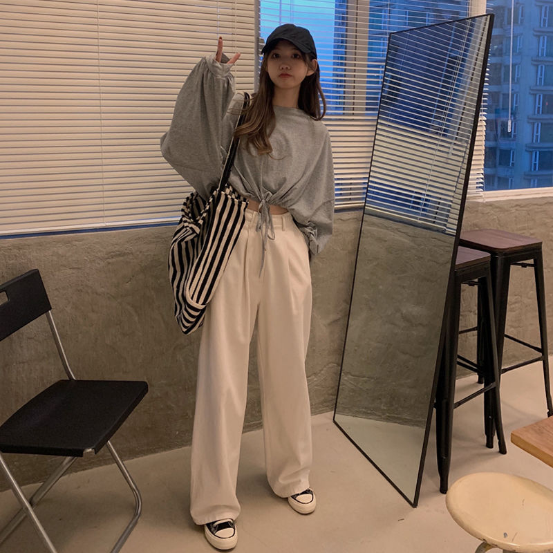 Áo Thun Lửng Tay Dài Dáng Rộng Eo Cao Trẻ Trung Phong Cách Hàn Quốc