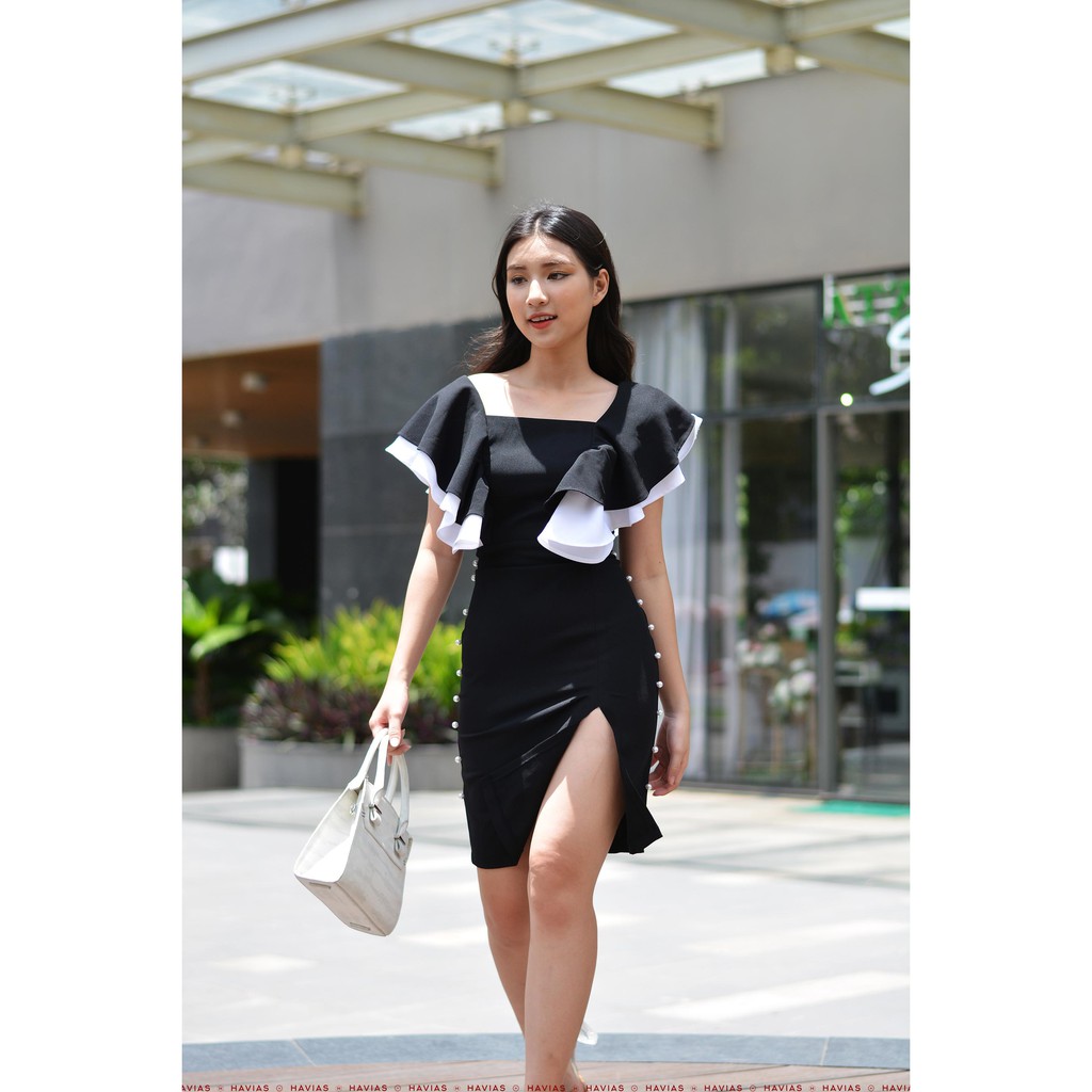 Đầm Cascade Sleeve White Pearls Line Black Dress HAVIAS