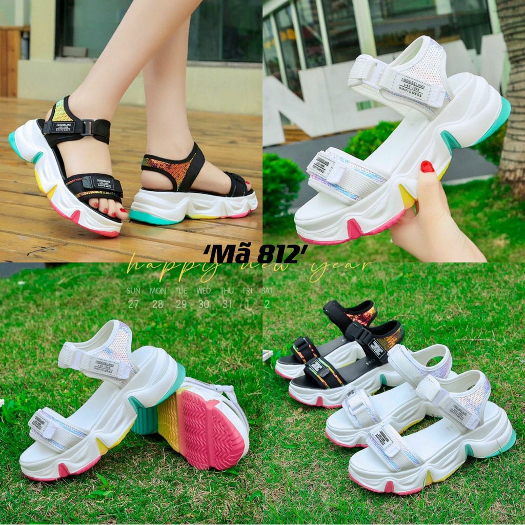 Giày Sandal Đế Bằng HÀNG ĐẸP Sandal Nữ Quai Kết kim Sa - Đế Phối Màu (Quảng Châu) 812
