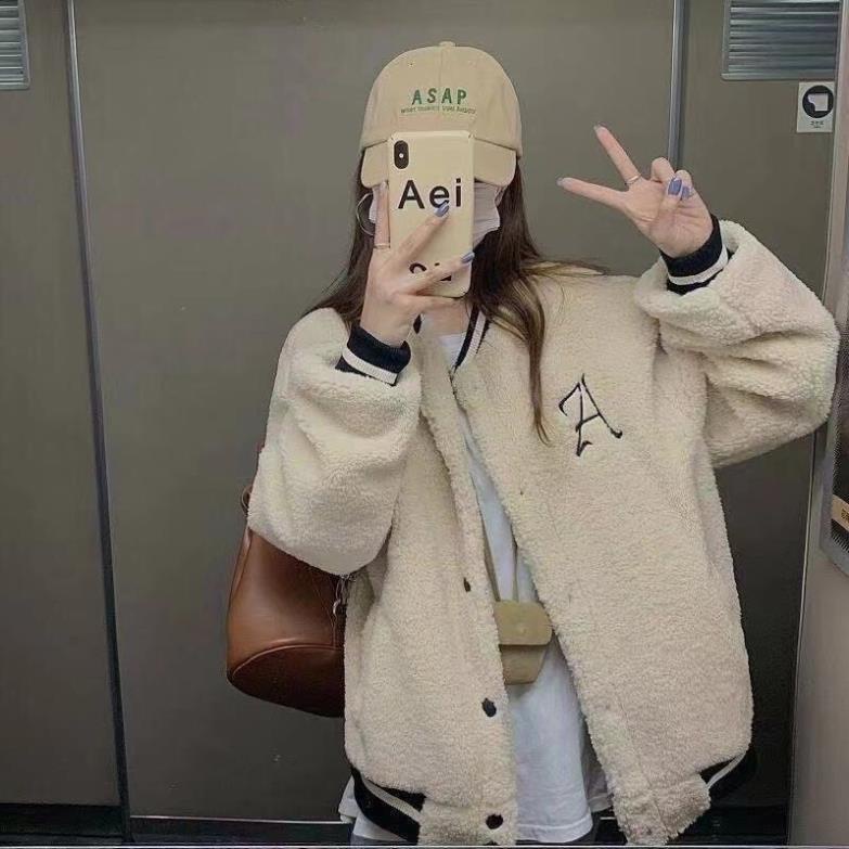 Áo khoác Bomber lông thêu lô lô chữ A Hs
