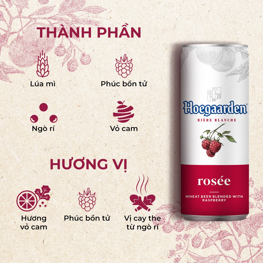 Bia Hoegaarden rosée hương vị trái cây lốc 6 lon (330ml/lon)