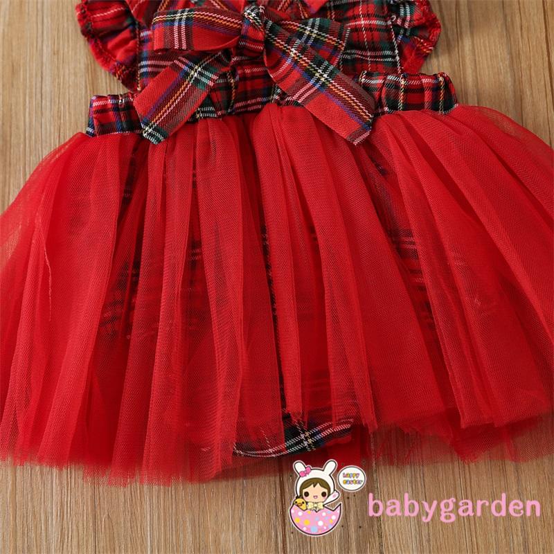 BABYGARDEN-Baby Girls Christmas Mesh Summer Casual Plaid Fly Sleeve Dress  Romper with Headband