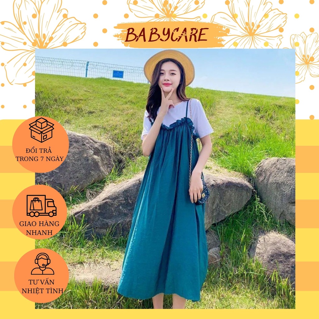 VÁY YẾM BẦU XANH 2 DÂY-ĐẦM BẦU XINH XẮN ĐI CHƠI,ĐI LÀM THOẢI MÁI