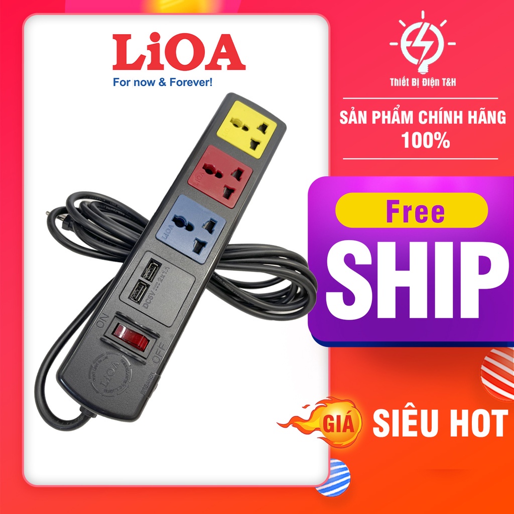 Ổ cắm điện USB, ổ cắm kéo dài đa năng LIOA, 2200W, 4 ổ cắm, 1 công tắc, 2 USB, dây dài 3M, 4D32NUSB