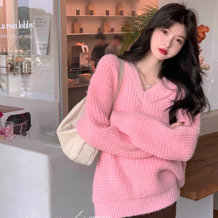 Áo Sweater Dệt Kim Cổ Chữ V Dáng Rộng Thời Trang Mùa Đông Cao Cấp Cho Nữ
