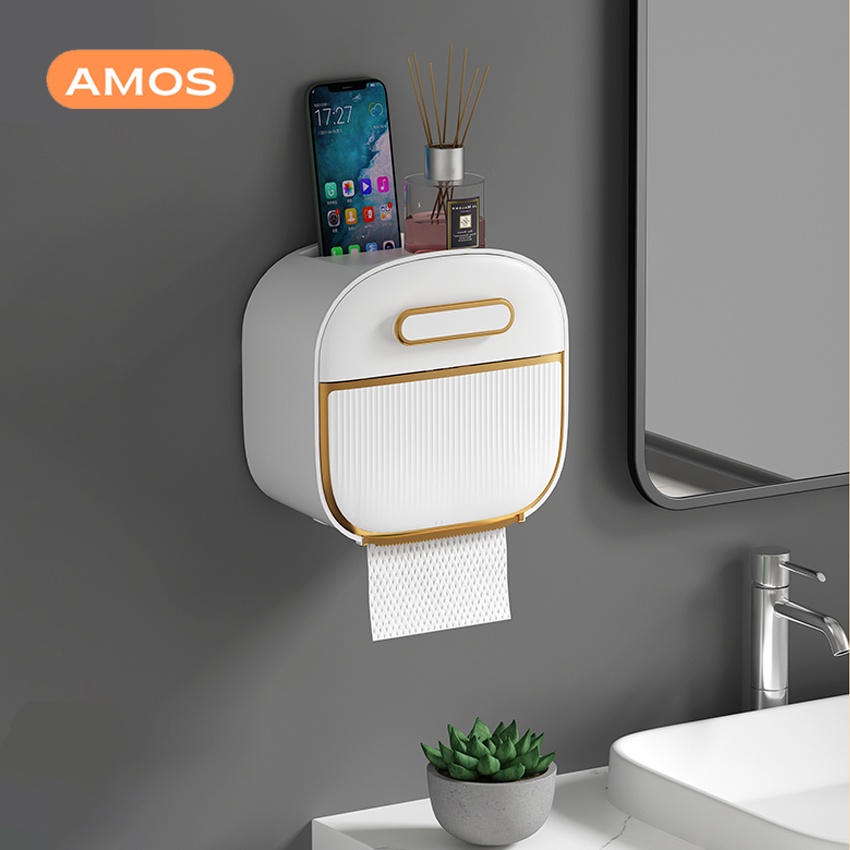 Hộp đựng giấy vệ sinh đa năng AMOS chất liệu ABS | Kệ để đồ nhà tắm 2 ngăn tiện lợi tặng kèm miếng dán