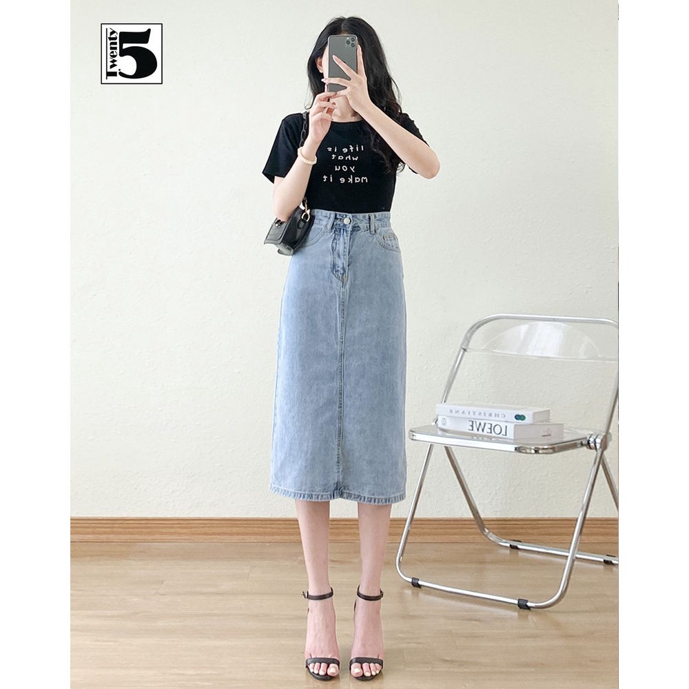 Chân váy jeans nữ mềm eo cao dáng dài xẻ sau Twentyfive Fashion 4089