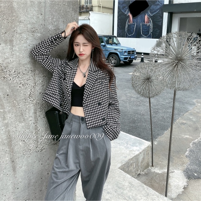 JANE Áo khoác vest croptop kẻ ô Trắng - Đen cá tính J0415 | BigBuy360 - bigbuy360.vn
