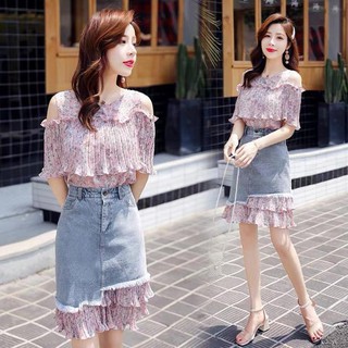 Set áo hở vai chân váy jean cao cấp
