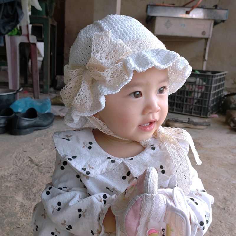 Mũ Nón Nơ Tiểu Thư Có Dây Cột Cho Bé Gái