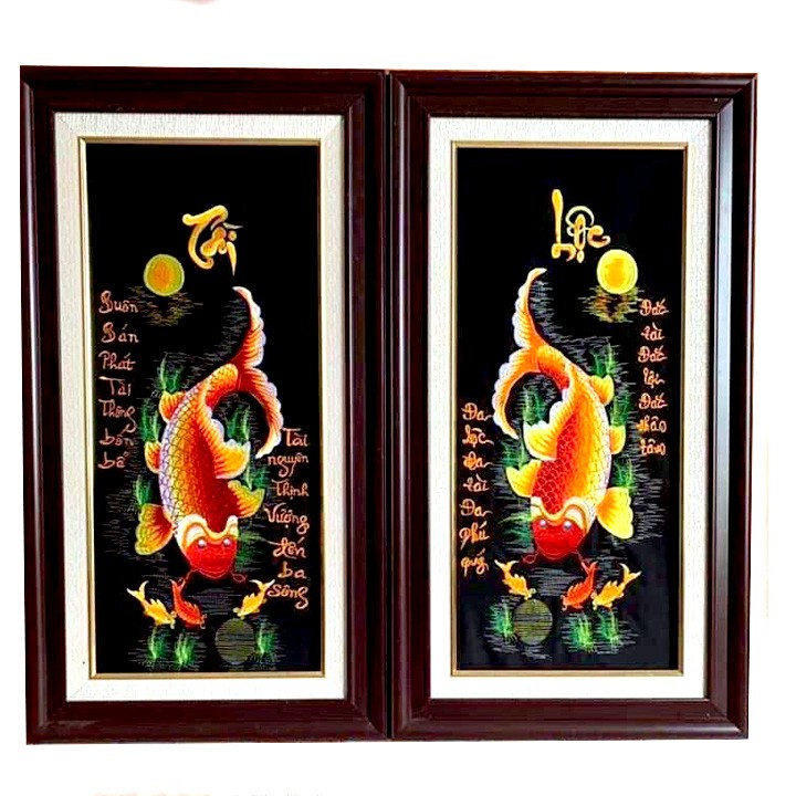 Tranh thêu Đôi Cá Tài Lộc 40x80 cm x 2 bức thêu sẵn chưa khung