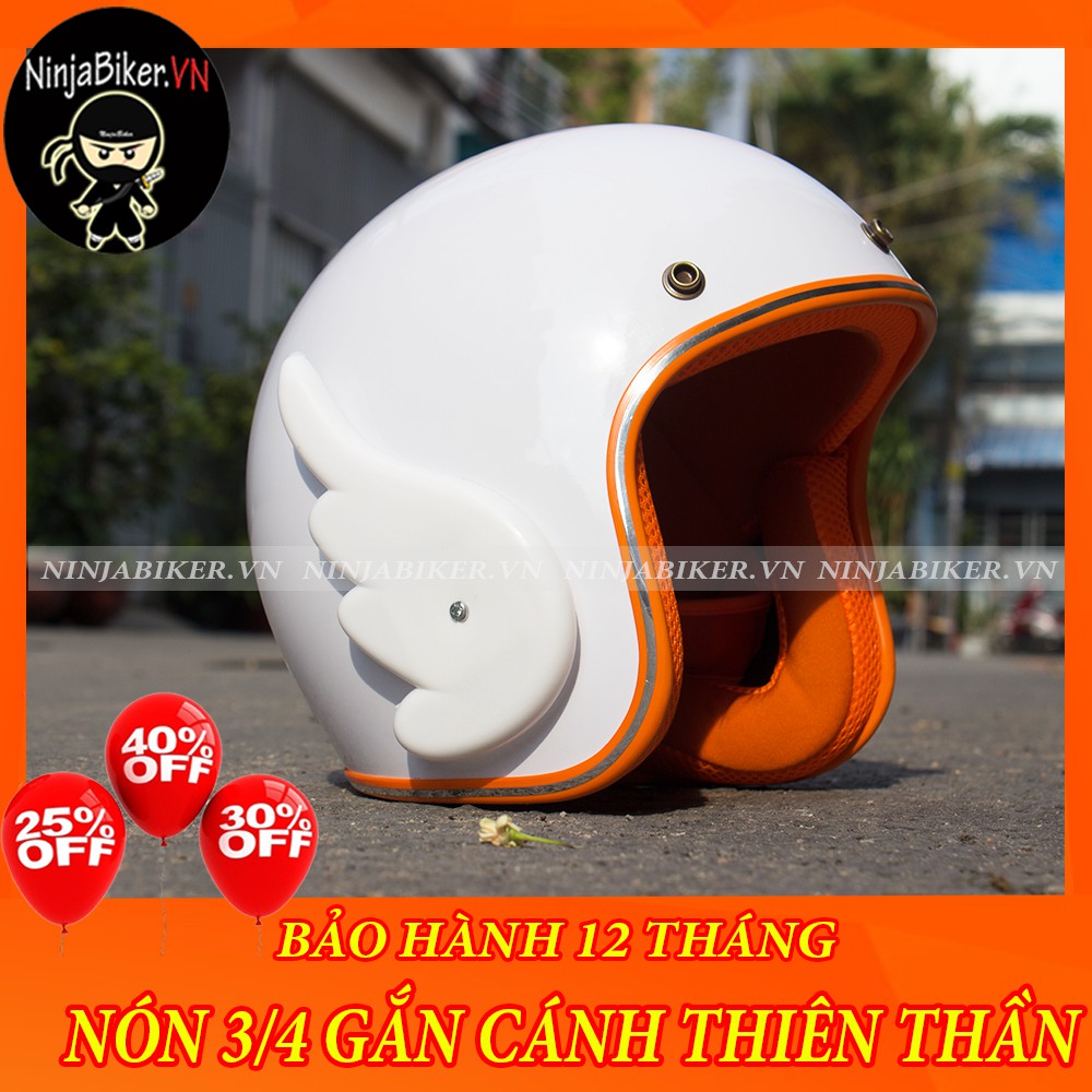 NÓN BẢO HIỂM 3/4 - TRẮNG VIỀN CAM KÈM CÁNH THIÊN THẦN SIÊU CUTE (cánh nhựa màu ngẫu nhiên)