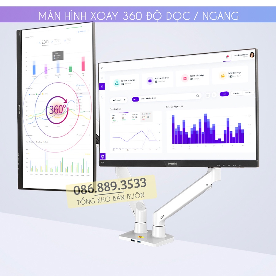 Giá Treo Hai Màn Hình NB F195A 22 - 32 Inch - Giá Treo Màn Hình Kép F195A - Tải Trọng 8Kg - Xoay 360 Độ