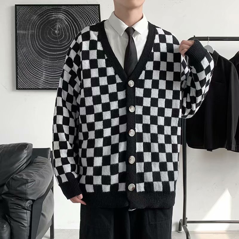 Áo khoác cardigan dệt kim mỏng in hoạ tiết caro phong cách mùa xuân học đường cho nam và nữ