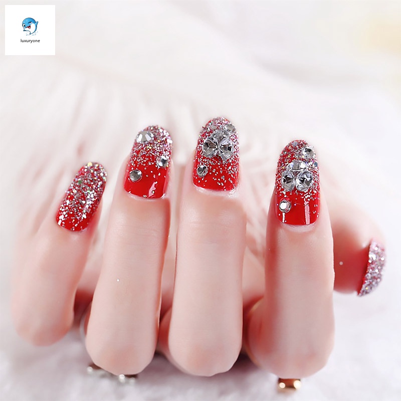 [Hàng mới về] Hộp 24 móng tay giả đính đá 3D lấp lánh cho cô dâu