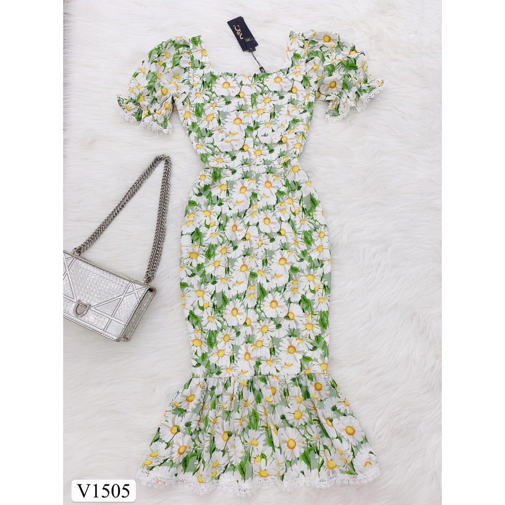 Váy xanh hoa cúc trắng đuôi cá V1505 (Kèm ảnh thật do shop tự chụp) | BigBuy360 - bigbuy360.vn