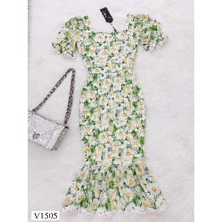 Váy xanh hoa cúc trắng đuôi cá V1505 (Kèm ảnh thật do shop tự chụp)